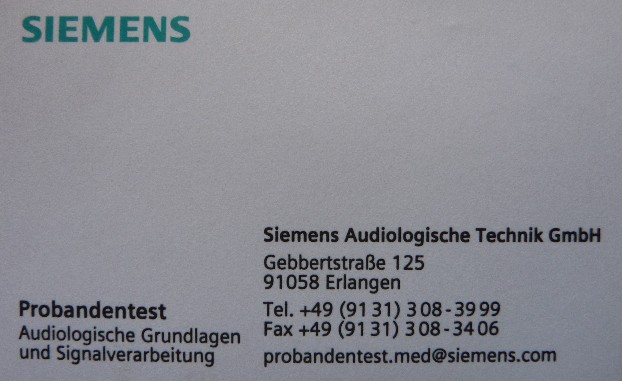 Visitenkarte der Siemens Audiologie für Probanden