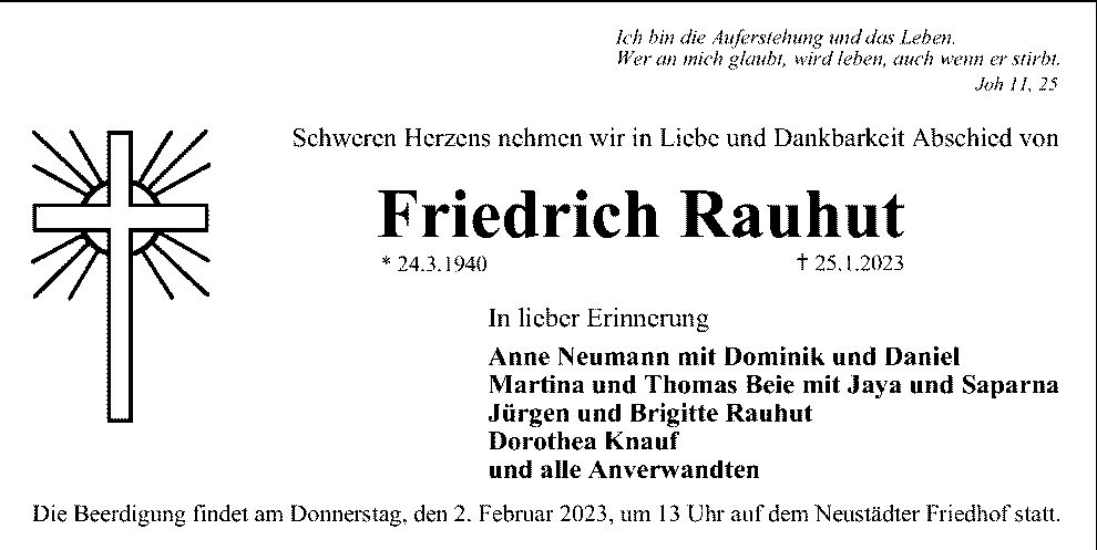 Traueranzeige Friedrich Rauhut